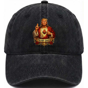 Trump Saves Sacred Heart Religious Parody Washed Cotton Baseball Cap Jesus-Like Devine Leader Political Satire TS02 Print Your Wear