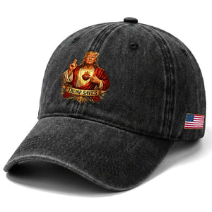 Trump Saves Sacred Heart Religious Parody Washed Cotton Baseball Cap Jesus-Like Devine Leader Political Satire TS02 Print Your Wear