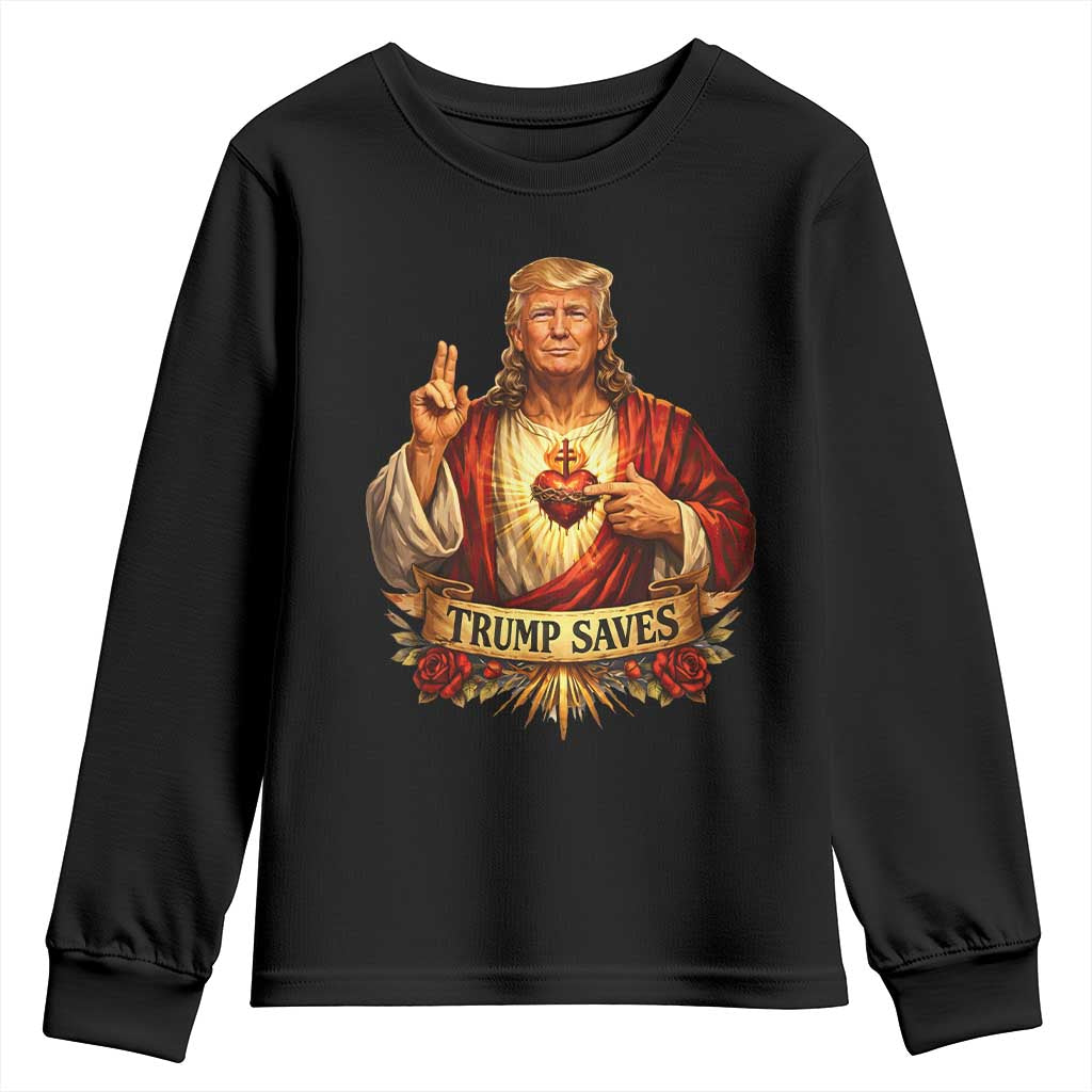 Trump Saves Sacred Heart Religious Parody Youth Sweatshirt Jesus-Like Devine Leader Political Satire TS02 Black Print Your Wear
