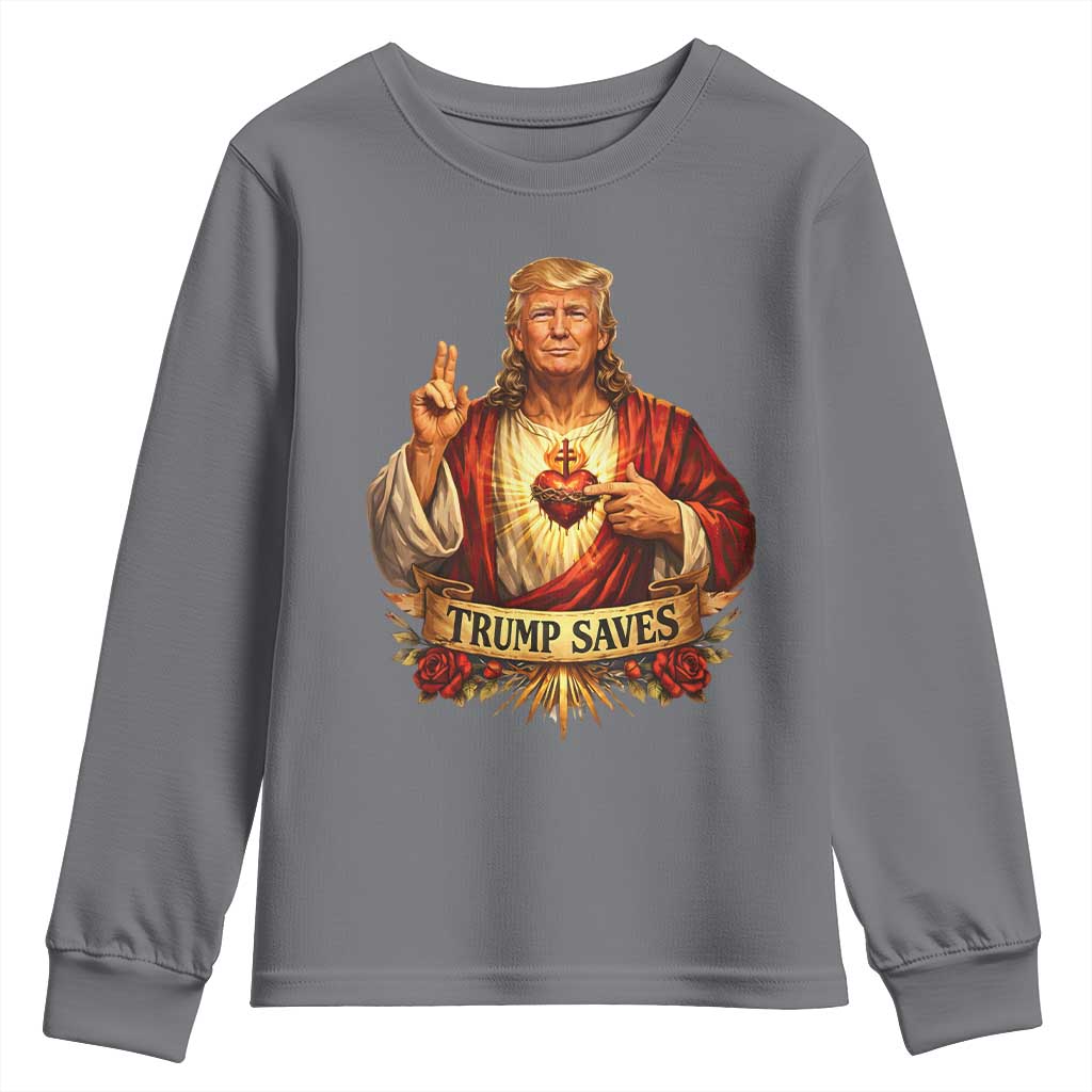 Trump Saves Sacred Heart Religious Parody Youth Sweatshirt Jesus-Like Devine Leader Political Satire TS02 Charcoal Print Your Wear