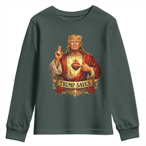 Trump Saves Sacred Heart Religious Parody Youth Sweatshirt Jesus-Like Devine Leader Political Satire TS02 Dark Forest Green Print Your Wear