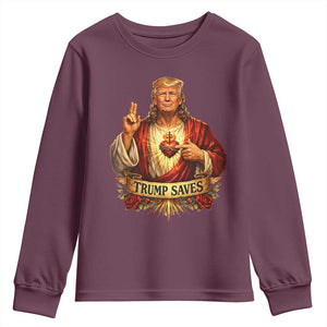 Trump Saves Sacred Heart Religious Parody Youth Sweatshirt Jesus-Like Devine Leader Political Satire TS02 Maroon Print Your Wear