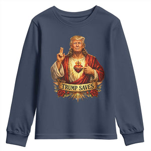Trump Saves Sacred Heart Religious Parody Youth Sweatshirt Jesus-Like Devine Leader Political Satire TS02 Navy Print Your Wear