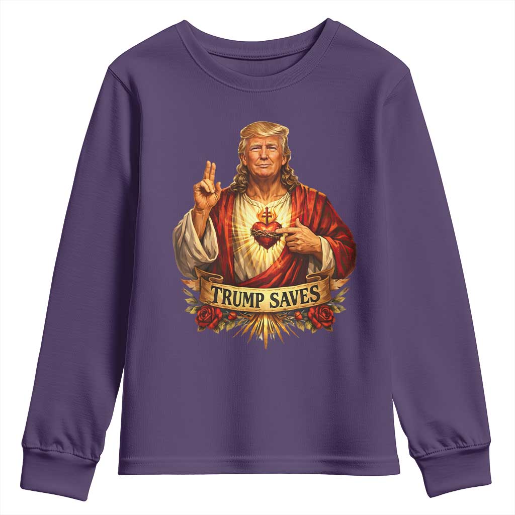 Trump Saves Sacred Heart Religious Parody Youth Sweatshirt Jesus-Like Devine Leader Political Satire TS02 Purple Print Your Wear