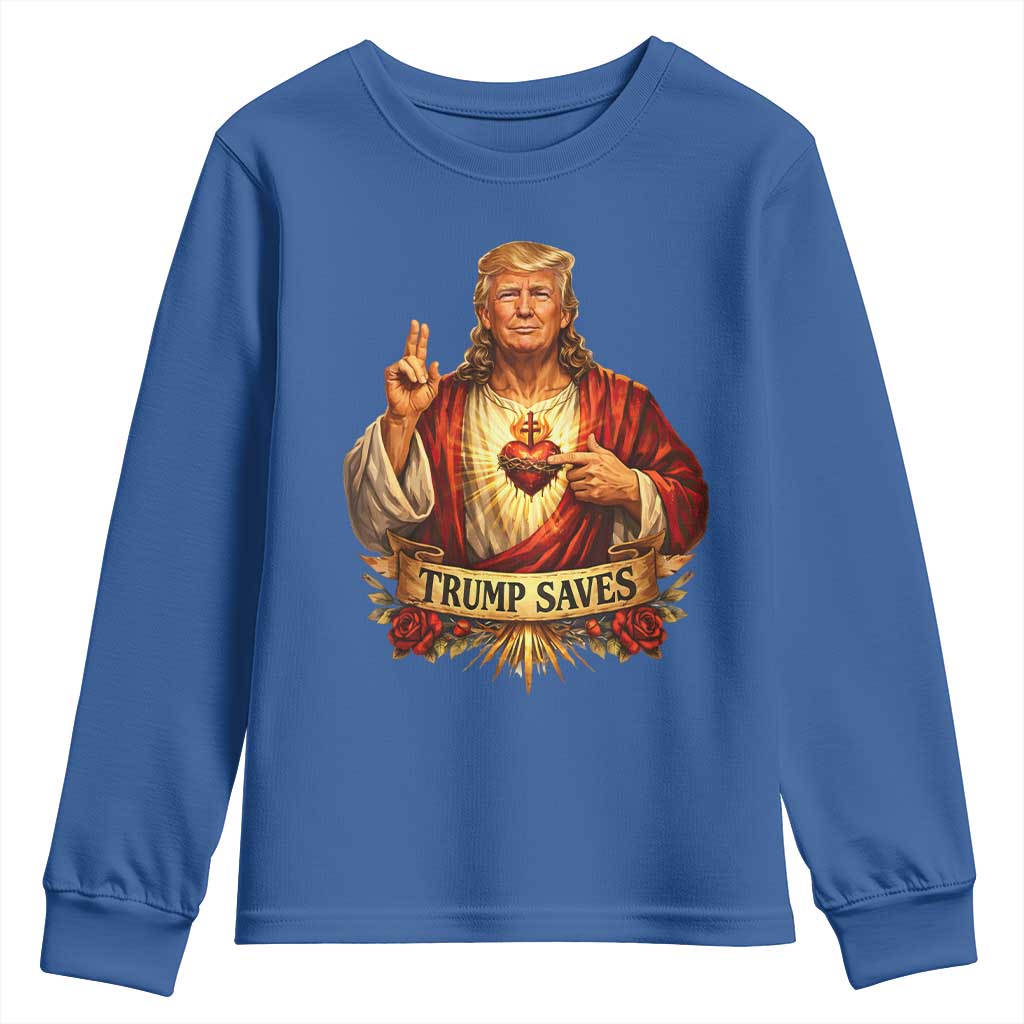 Trump Saves Sacred Heart Religious Parody Youth Sweatshirt Jesus-Like Devine Leader Political Satire TS02 Royal Blue Print Your Wear