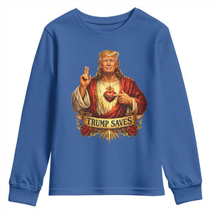 Trump Saves Sacred Heart Religious Parody Youth Sweatshirt Jesus-Like Devine Leader Political Satire TS02 Royal Blue Print Your Wear