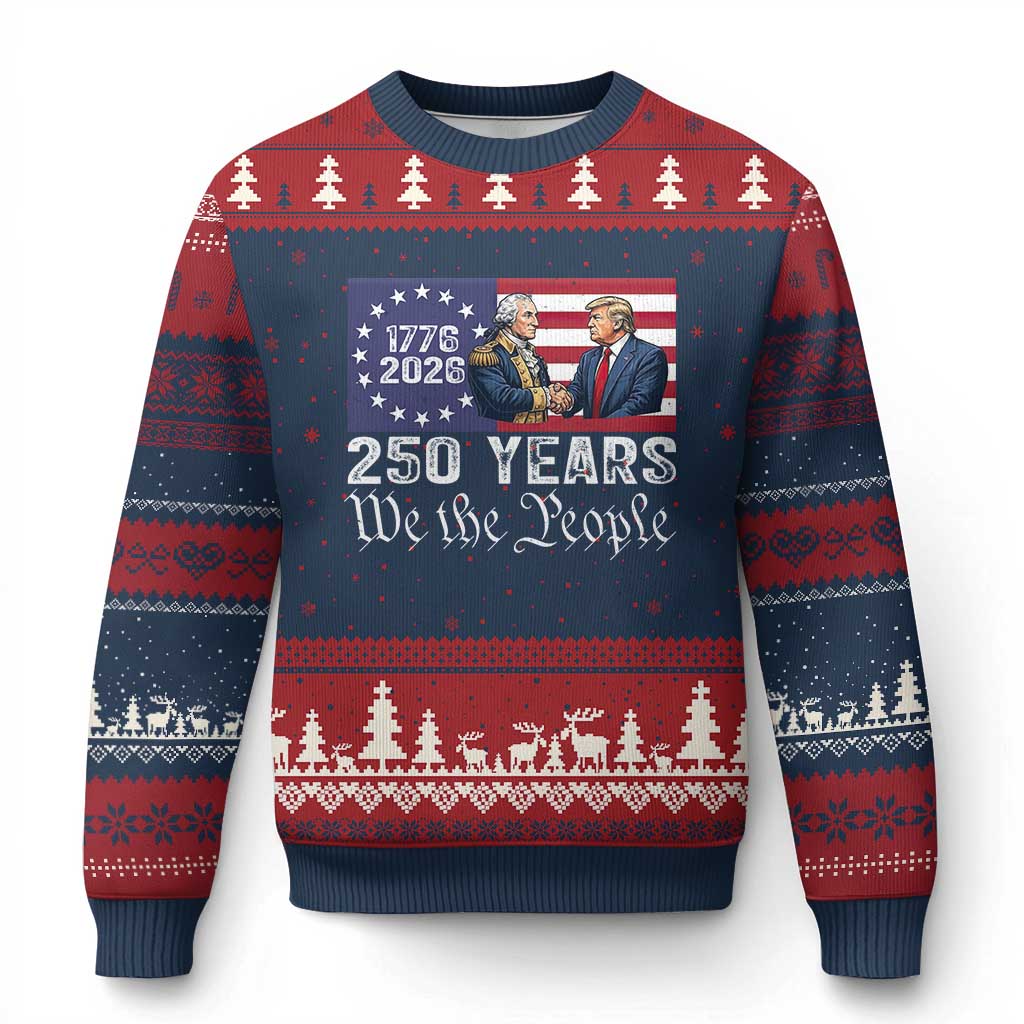 250 Years George Washington and Trump Handshake Patriotic Ugly Christmas Sweater We The People 1776-2026 Founding Fathers Legacy TS02 Navy Red Print Your Wear