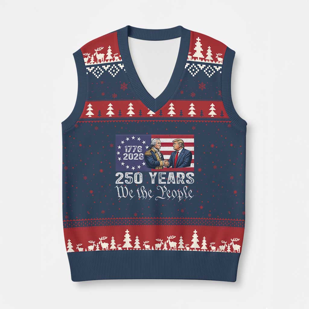 250 Years George Washington and Trump Handshake Patriotic V-Neck Knit Sweater Vest We The People 1776-2026 Founding Fathers Legacy TS02 Navy Red Print Your Wear