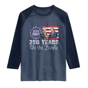 250 Years George Washington and Trump Handshake Patriotic Raglan Shirt We The People 1776-2026 Founding Fathers Legacy TS02 Heather Denim Navy Print Your Wear