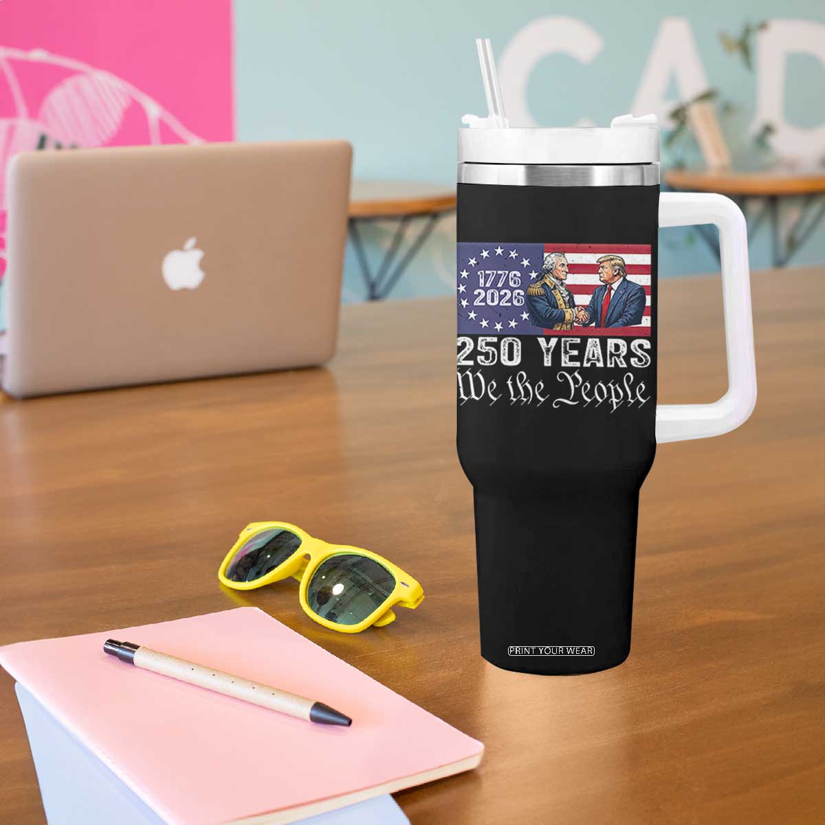 250 Years George Washington and Trump Handshake Patriotic Tumbler With Handle We The People 1776-2026 Founding Fathers Legacy TS02 Print Your Wear