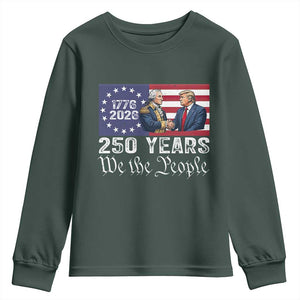 250 Years George Washington and Trump Handshake Patriotic Youth Sweatshirt We The People 1776-2026 Founding Fathers Legacy TS02 Dark Forest Green Print Your Wear