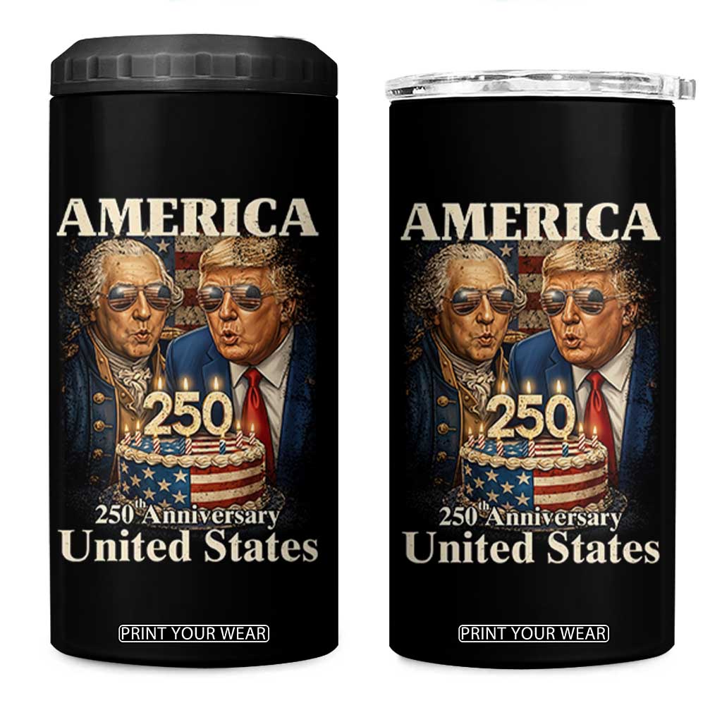 USA 250th Anniversary George Washington and Trump Birthday Cake 4 in 1 Can Cooler Tumbler 250 Years 1776 2026 Patriotic Celebration TS02 One Size: 16 oz Black Print Your Wear