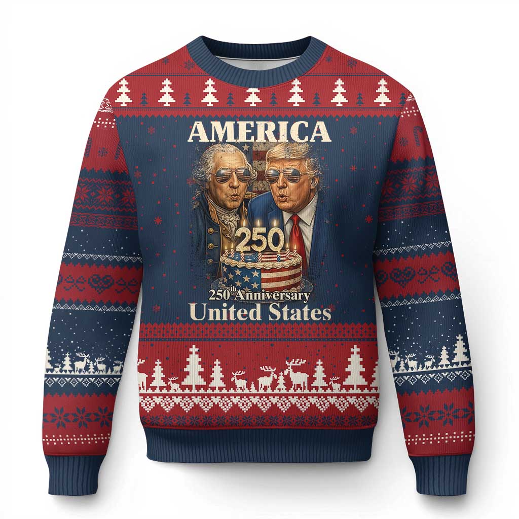 USA 250th Anniversary George Washington and Trump Birthday Cake Ugly Christmas Sweater 250 Years 1776 2026 Patriotic Celebration TS02 Navy Red Print Your Wear