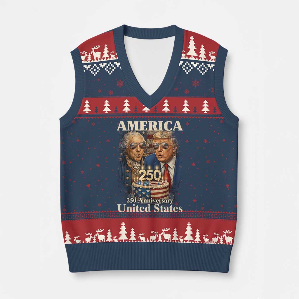 USA 250th Anniversary George Washington and Trump Birthday Cake V-Neck Knit Sweater Vest 250 Years 1776 2026 Patriotic Celebration TS02 Navy Red Print Your Wear