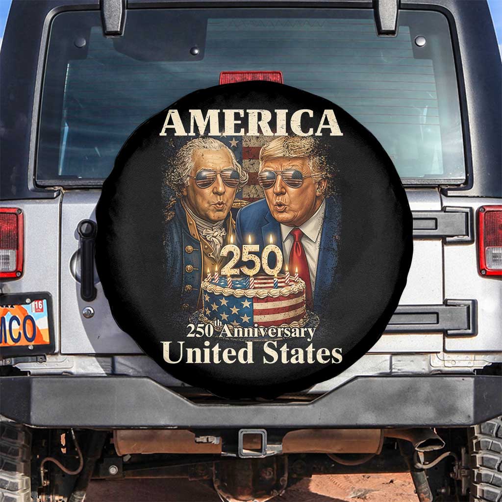 USA 250th Anniversary George Washington and Trump Birthday Cake Spare Tire Cover 250 Years 1776 2026 Patriotic Celebration TS02 No hole Black Print Your Wear