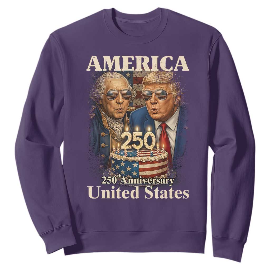 USA 250th Anniversary George Washington and Trump Birthday Cake Sweatshirt 250 Years 1776 2026 Patriotic Celebration TS02 Purple Print Your Wear