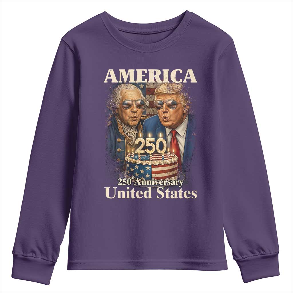 USA 250th Anniversary George Washington and Trump Birthday Cake Youth Sweatshirt 250 Years 1776 2026 Patriotic Celebration TS02 Purple Print Your Wear