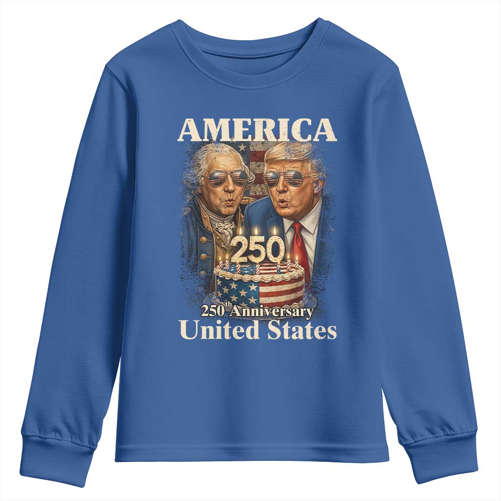 USA 250th Anniversary George Washington and Trump Birthday Cake Youth Sweatshirt 250 Years 1776 2026 Patriotic Celebration TS02 Royal Blue Print Your Wear