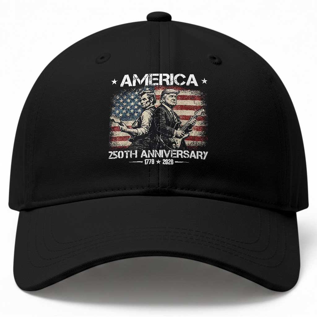 250th Anniversary Abraham Lincoln and Trump Rocking Baseball Cap Rock n Roll Electric Guitar Duel Patriotic 1776-2026 TS02 Print Your Wear