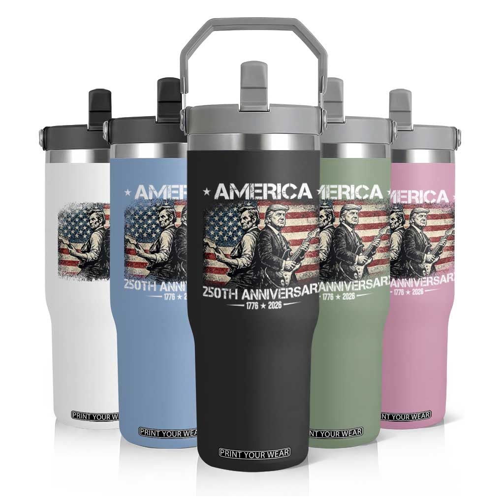 250th Anniversary Abraham Lincoln and Trump Rocking Flip Straw Tumbler Rock n Roll Electric Guitar Duel Patriotic 1776-2026 TS02 Print Your Wear