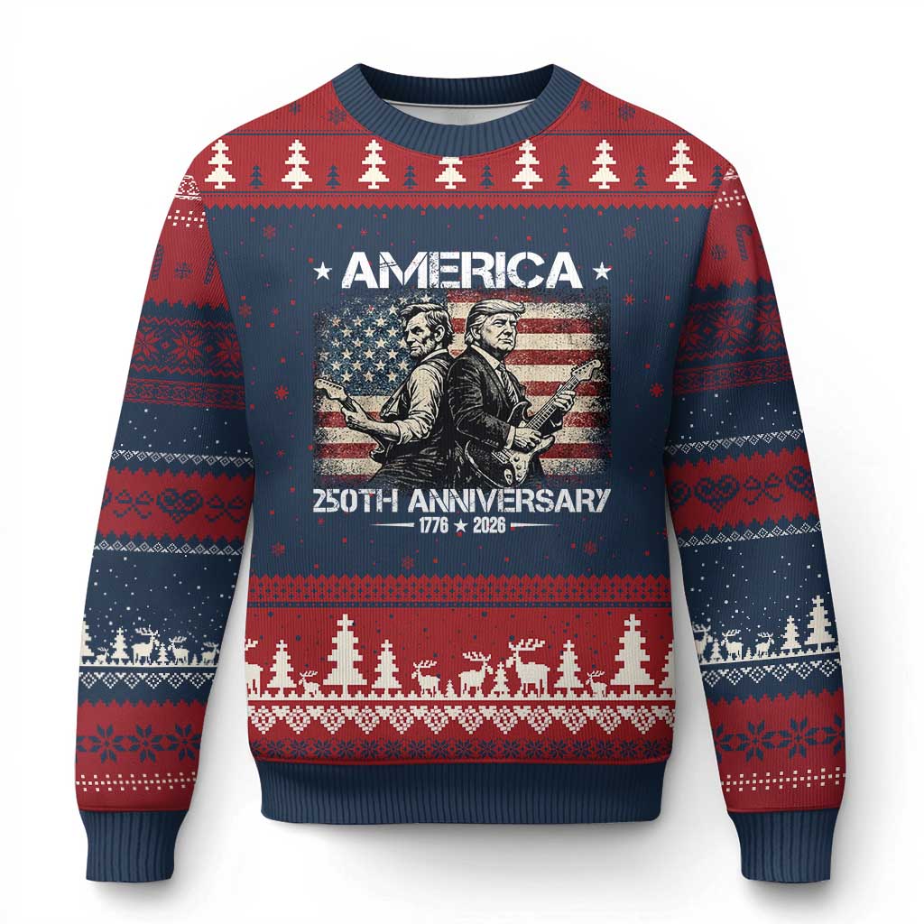 250th Anniversary Abraham Lincoln and Trump Rocking Ugly Christmas Sweater Rock n Roll Electric Guitar Duel Patriotic 1776-2026 TS02 Navy Red Print Your Wear