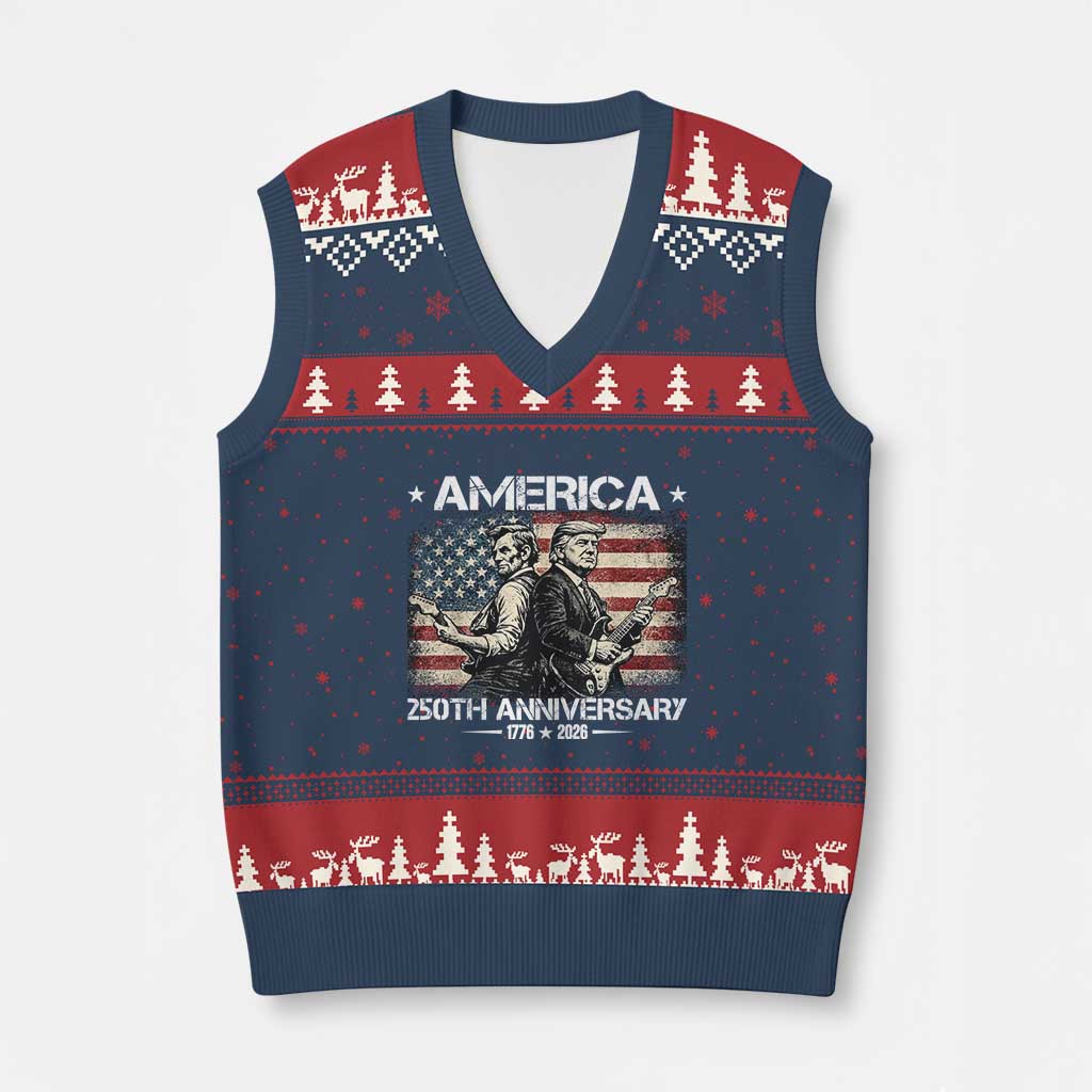 250th Anniversary Abraham Lincoln and Trump Rocking V-Neck Knit Sweater Vest Rock n Roll Electric Guitar Duel Patriotic 1776-2026 TS02 Navy Red Print Your Wear