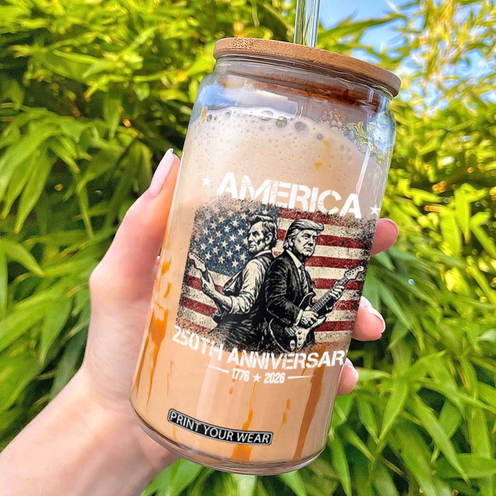 250th Anniversary Abraham Lincoln and Trump Rocking Glass Can Rock n Roll Electric Guitar Duel Patriotic 1776-2026 TS02 Black Print Your Wear