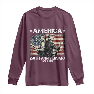 250th Anniversary Abraham Lincoln and Trump Rocking Long Sleeve Shirt Rock n Roll Electric Guitar Duel Patriotic 1776-2026 TS02 Maroon Print Your Wear