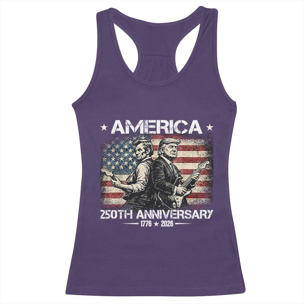 250th Anniversary Abraham Lincoln and Trump Rocking Racerback Tank Top Rock n Roll Electric Guitar Duel Patriotic 1776-2026 TS02 Purple Print Your Wear