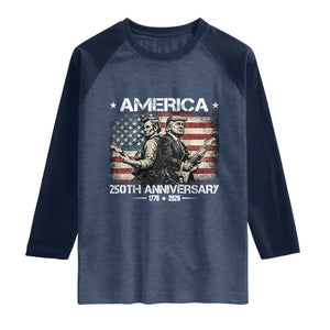 250th Anniversary Abraham Lincoln and Trump Rocking Raglan Shirt Rock n Roll Electric Guitar Duel Patriotic 1776-2026 TS02 Heather Denim Navy Print Your Wear