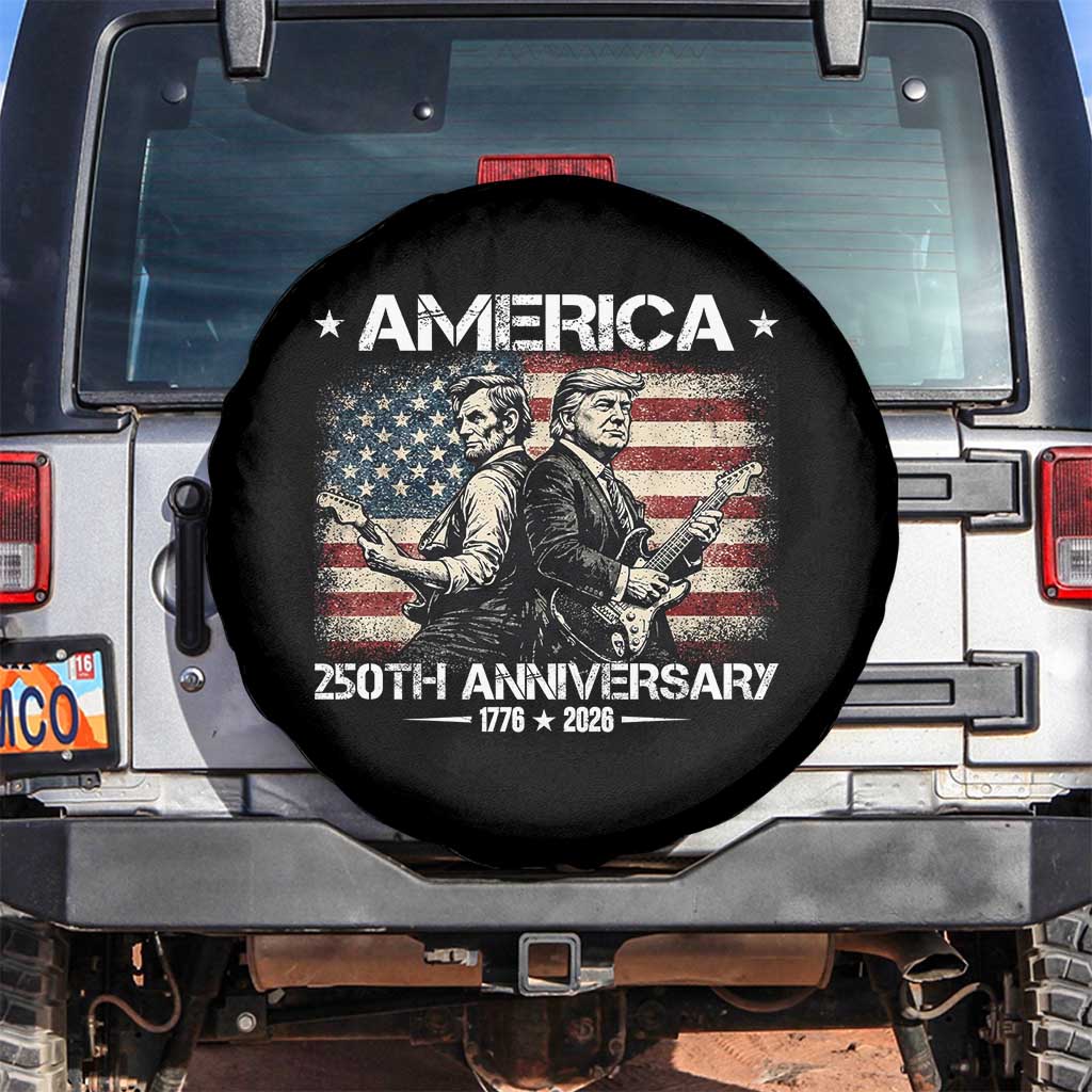 250th Anniversary Abraham Lincoln and Trump Rocking Spare Tire Cover Rock n Roll Electric Guitar Duel Patriotic 1776-2026 TS02 No hole Black Print Your Wear