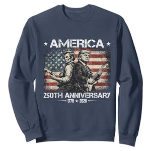 250th Anniversary Abraham Lincoln and Trump Rocking Sweatshirt Rock n Roll Electric Guitar Duel Patriotic 1776-2026 TS02 Navy Print Your Wear