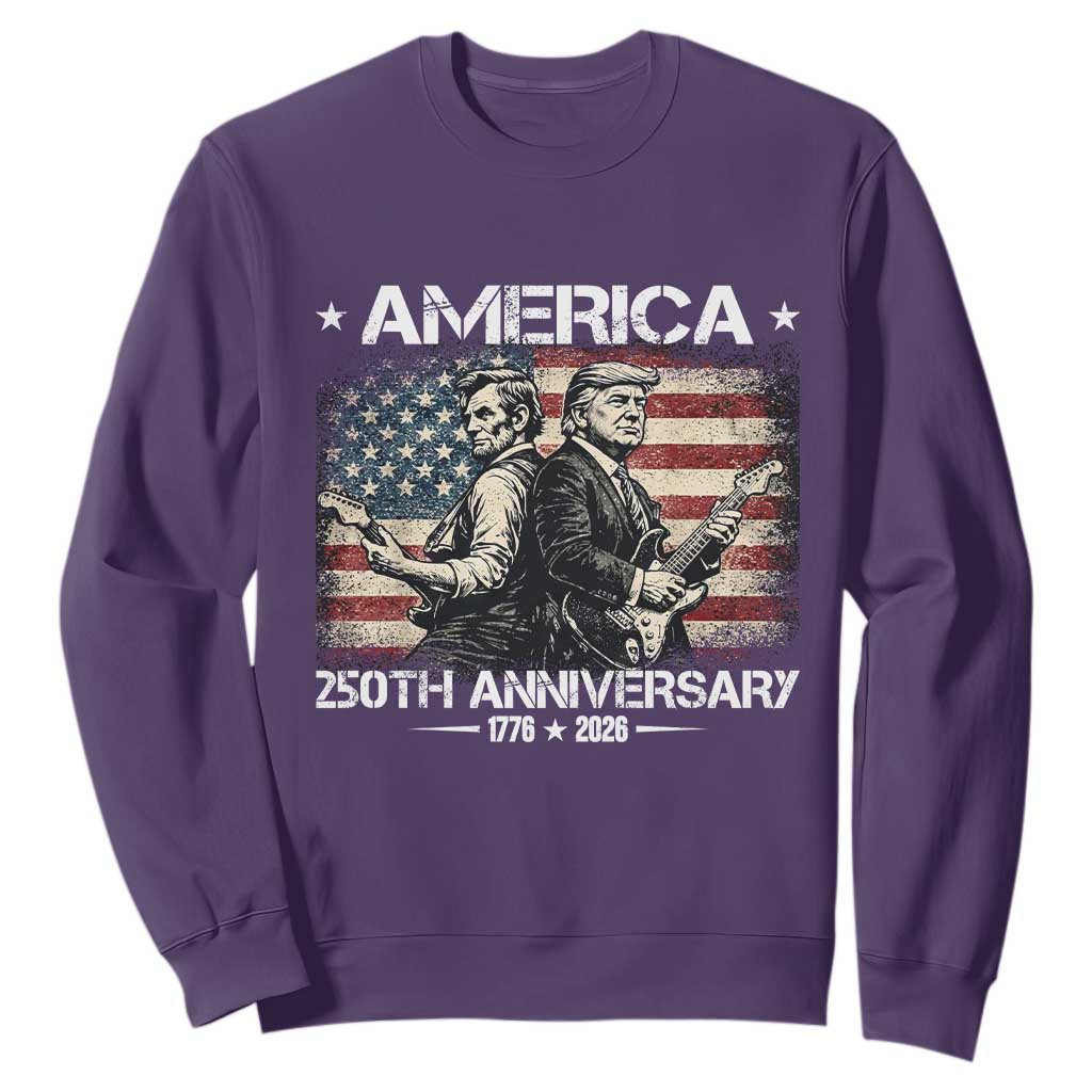 250th Anniversary Abraham Lincoln and Trump Rocking Sweatshirt Rock n Roll Electric Guitar Duel Patriotic 1776-2026 TS02 Purple Print Your Wear