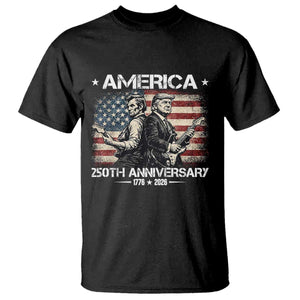 250th Anniversary Abraham Lincoln and Trump Rocking T Shirt Rock n Roll Electric Guitar Duel Patriotic 1776-2026 TS02 Black Print Your Wear
