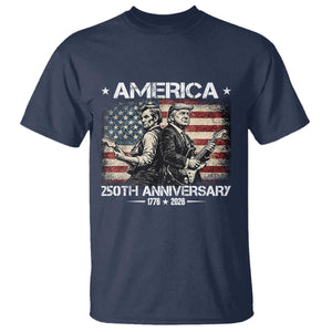 250th Anniversary Abraham Lincoln and Trump Rocking T Shirt Rock n Roll Electric Guitar Duel Patriotic 1776-2026 TS02 Navy Print Your Wear