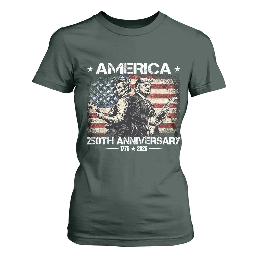 250th Anniversary Abraham Lincoln and Trump Rocking T Shirt For Women Rock n Roll Electric Guitar Duel Patriotic 1776-2026 TS02 Dark Forest Green Print Your Wear