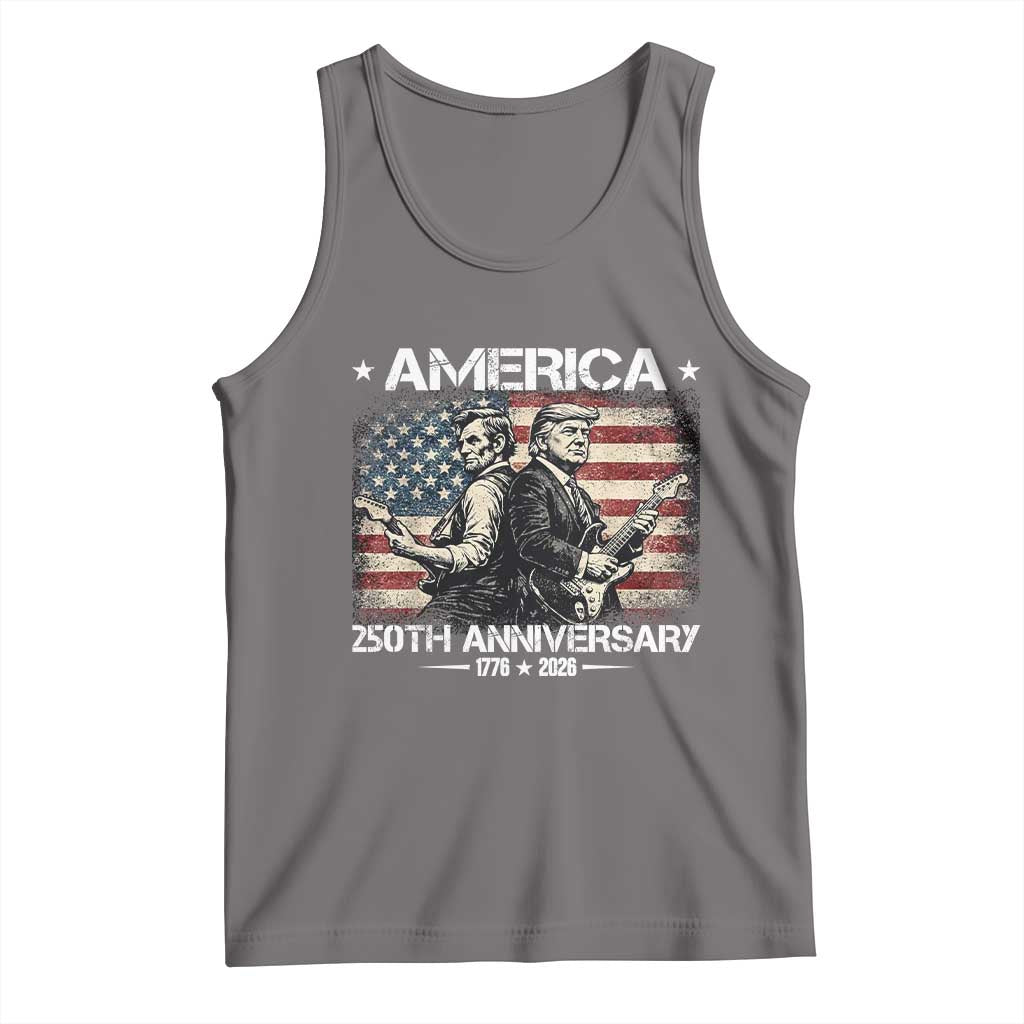 250th Anniversary Abraham Lincoln and Trump Rocking Tank Top Rock n Roll Electric Guitar Duel Patriotic 1776-2026 TS02 Deep Heather Print Your Wear