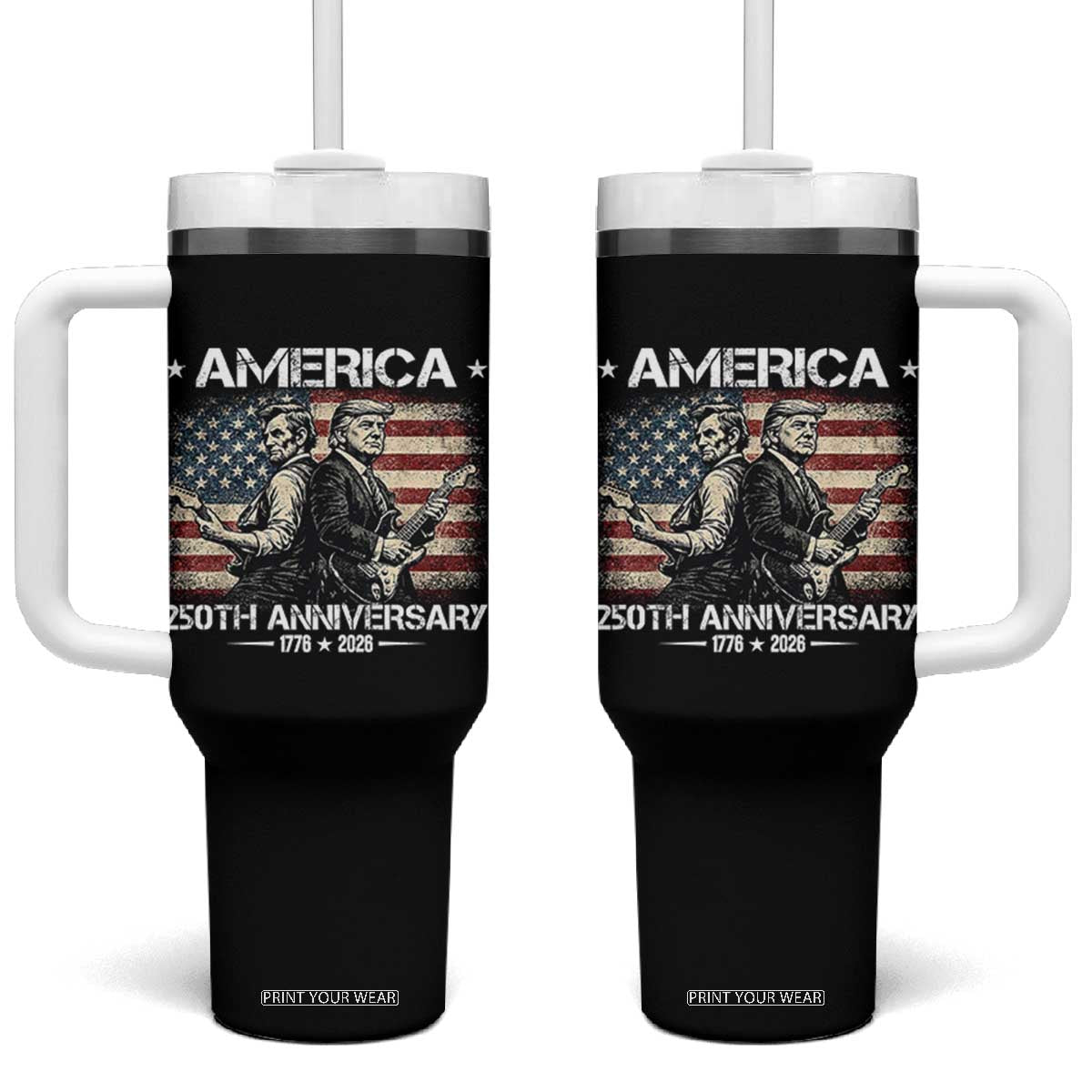 250th Anniversary Abraham Lincoln and Trump Rocking Tumbler With Handle Rock n Roll Electric Guitar Duel Patriotic 1776-2026 TS02 One Size: 40 oz Black Print Your Wear
