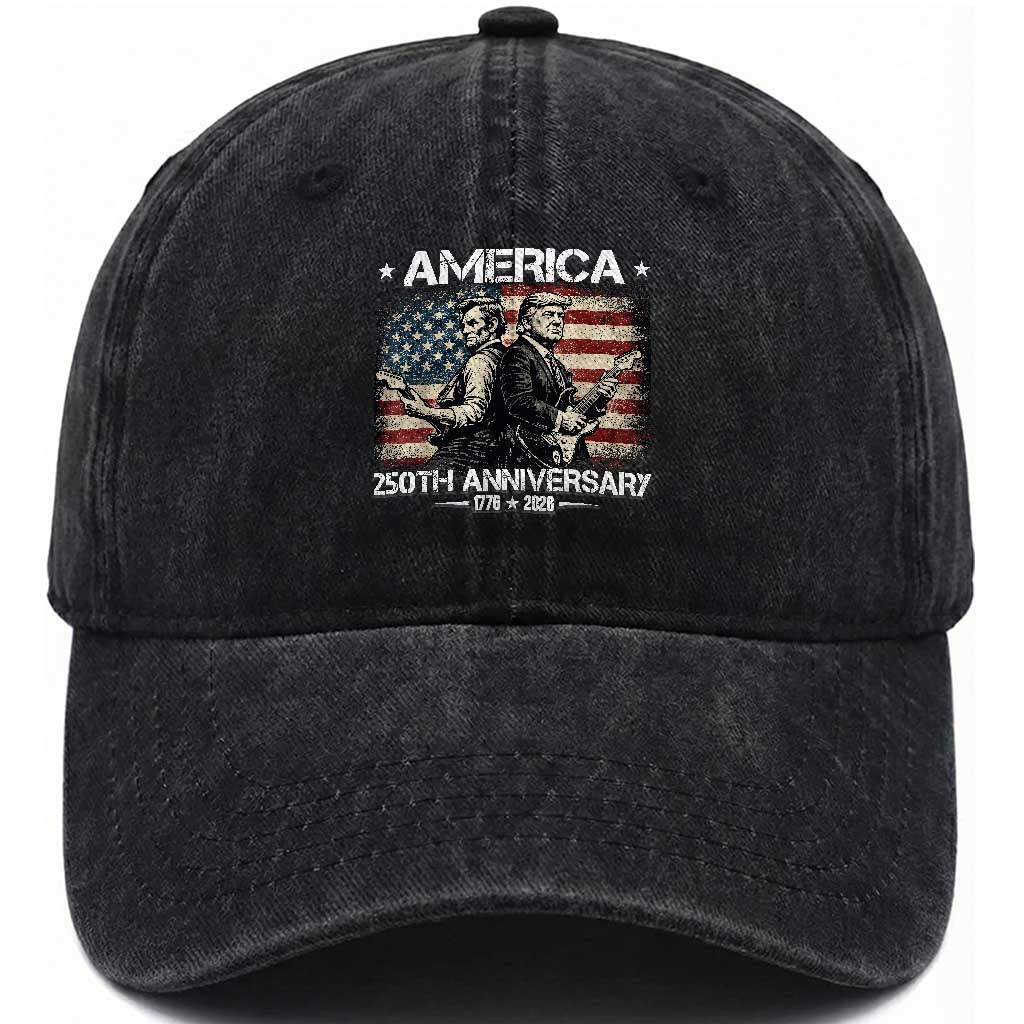 250th Anniversary Abraham Lincoln and Trump Rocking Washed Cotton Baseball Cap Rock n Roll Electric Guitar Duel Patriotic 1776-2026 TS02 Print Your Wear
