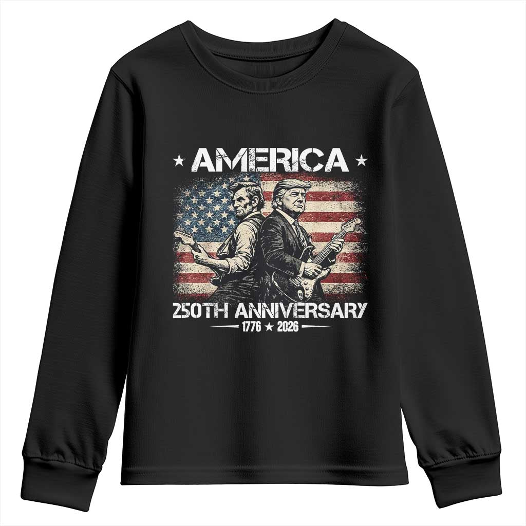 250th Anniversary Abraham Lincoln and Trump Rocking Youth Sweatshirt Rock n Roll Electric Guitar Duel Patriotic 1776-2026 TS02 Black Print Your Wear