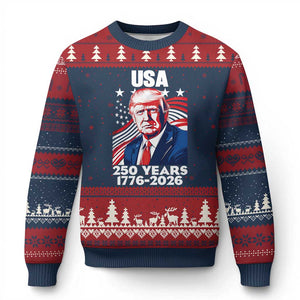 USA 250 Years 1776-2026 Trump Patriotic Portrait Ugly Christmas Sweater American Flag Semiquincentennial Celebration TS02 Navy Red Print Your Wear