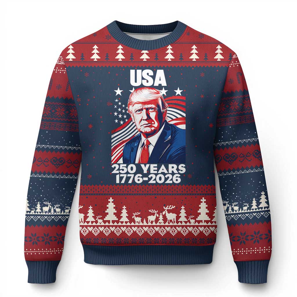 USA 250 Years 1776-2026 Trump Patriotic Portrait Ugly Christmas Sweater American Flag Semiquincentennial Celebration TS02 Navy Red Print Your Wear