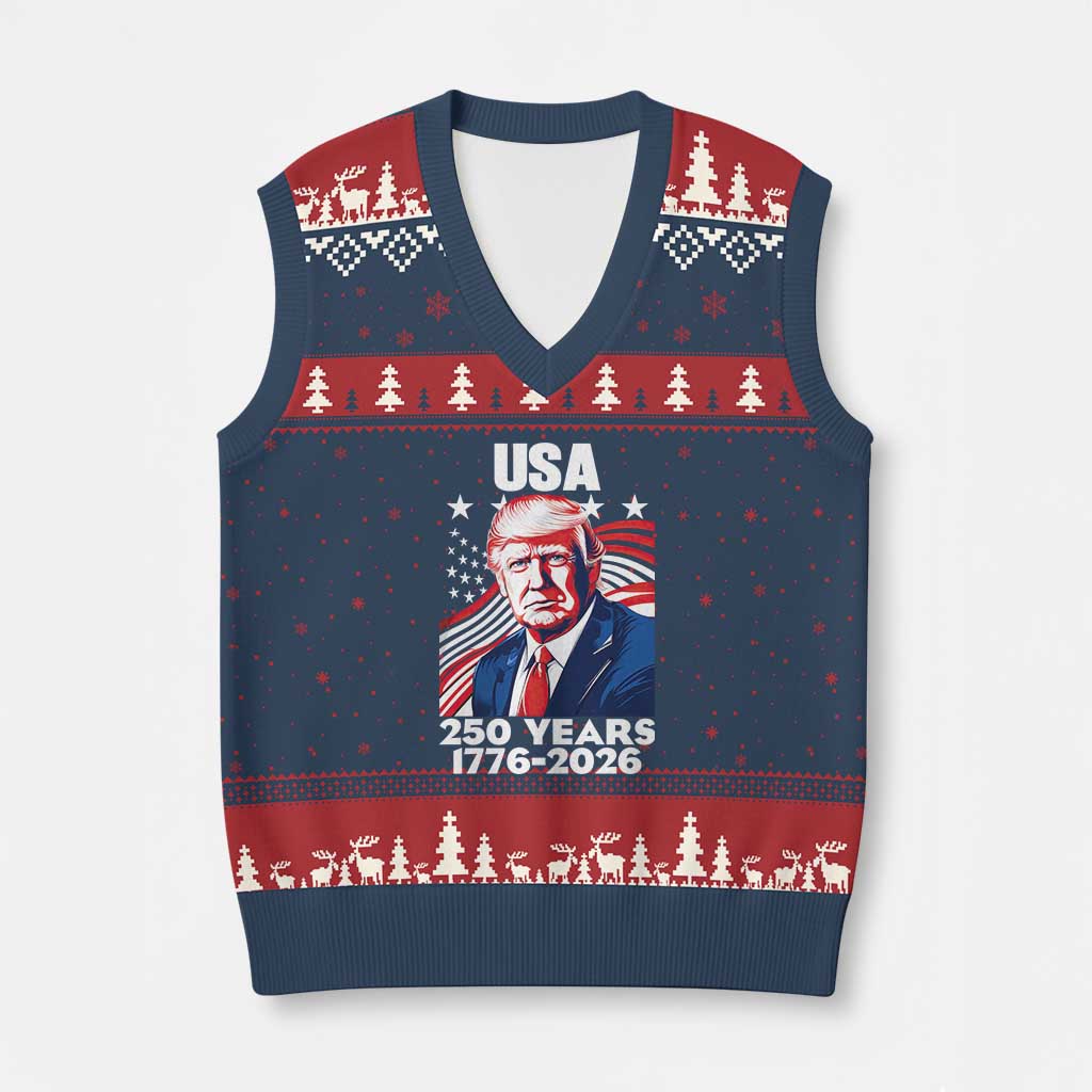USA 250 Years 1776-2026 Trump Patriotic Portrait V-Neck Knit Sweater Vest American Flag Semiquincentennial Celebration TS02 Navy Red Print Your Wear