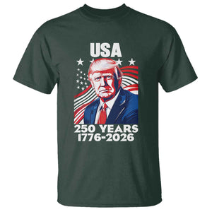 USA 250 Years 1776-2026 Trump Patriotic Portrait T Shirt American Flag Semiquincentennial Celebration TS02 Dark Forest Green Print Your Wear