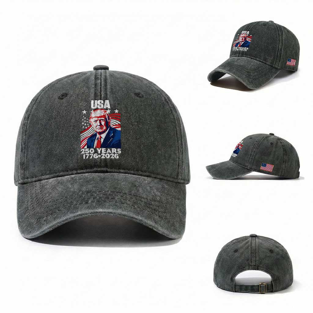 USA 250 Years 1776-2026 Trump Patriotic Portrait Washed Cotton Baseball Cap American Flag Semiquincentennial Celebration TS02 Washed Cap Universal Fit Dark Green Print Your Wear