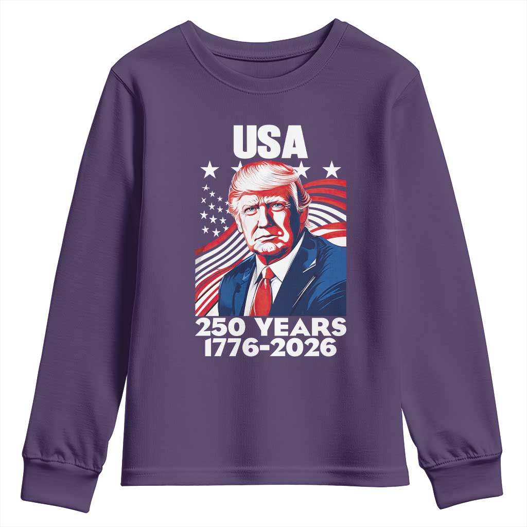 USA 250 Years 1776-2026 Trump Patriotic Portrait Youth Sweatshirt American Flag Semiquincentennial Celebration TS02 Purple Print Your Wear