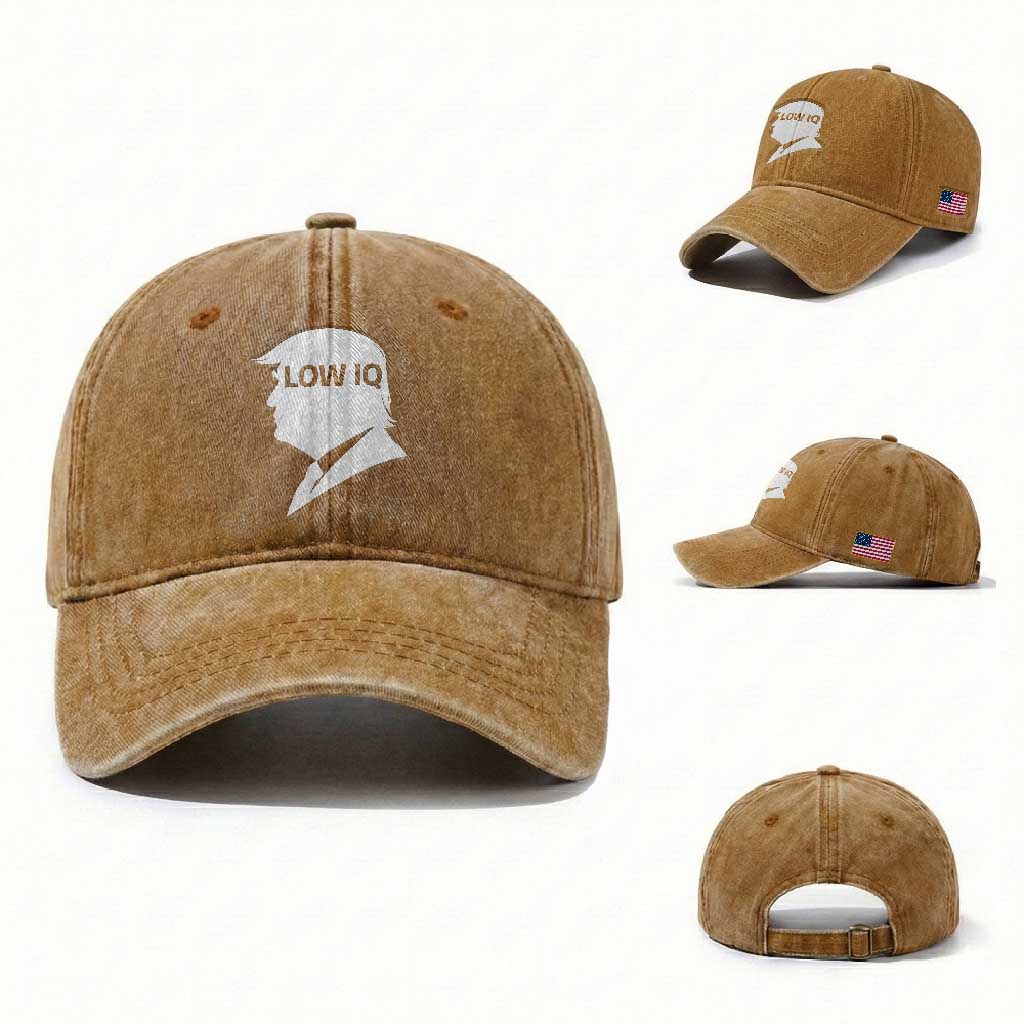 Low IQ Political Silhouette Profile Humor Washed Cotton Baseball Cap Satirical Politics Subtle Hate TS02 Washed Cap Universal Fit Yellow Ochre Print Your Wear
