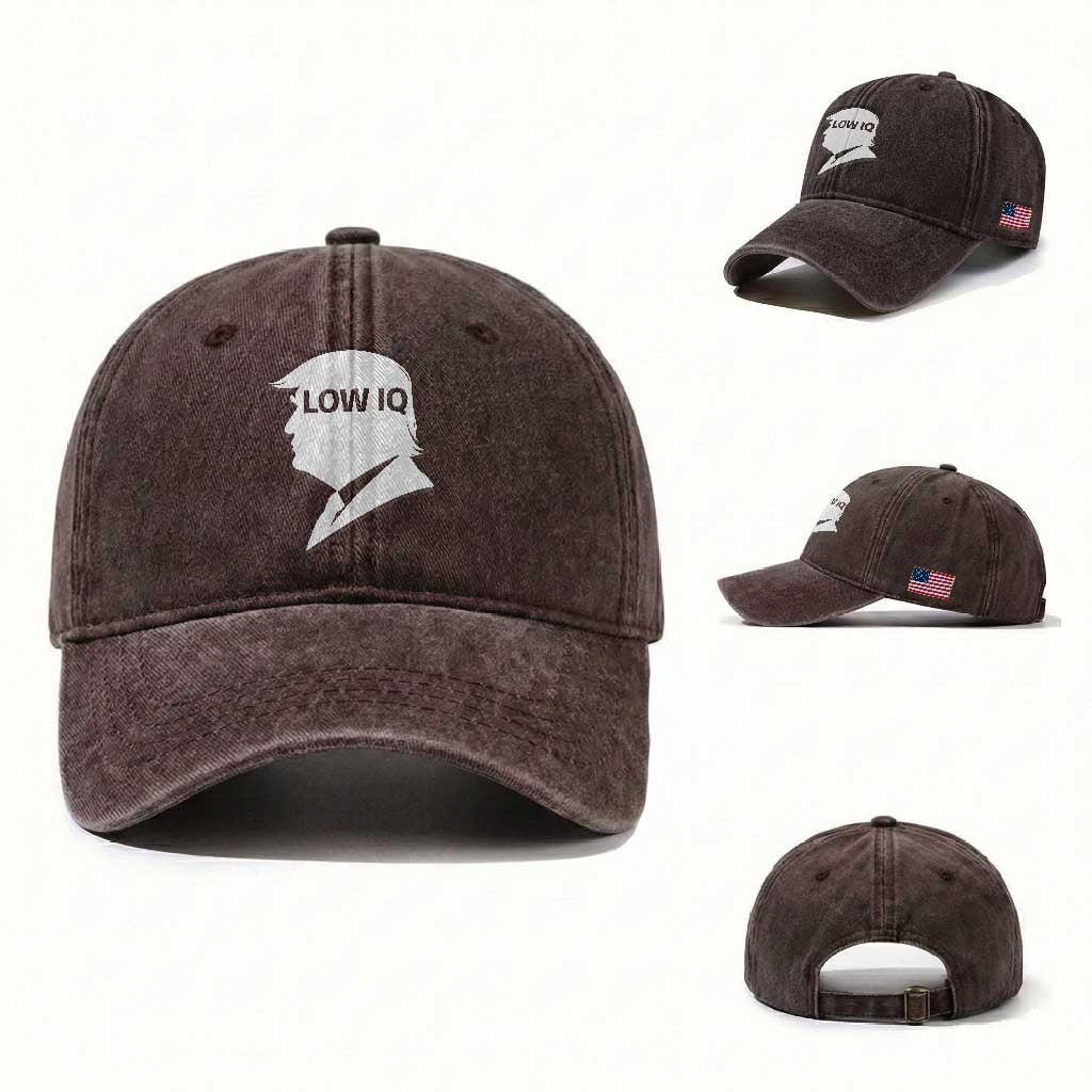 Low IQ Political Silhouette Profile Humor Washed Cotton Baseball Cap Satirical Politics Subtle Hate TS02 Washed Cap Universal Fit Dark Brown Print Your Wear