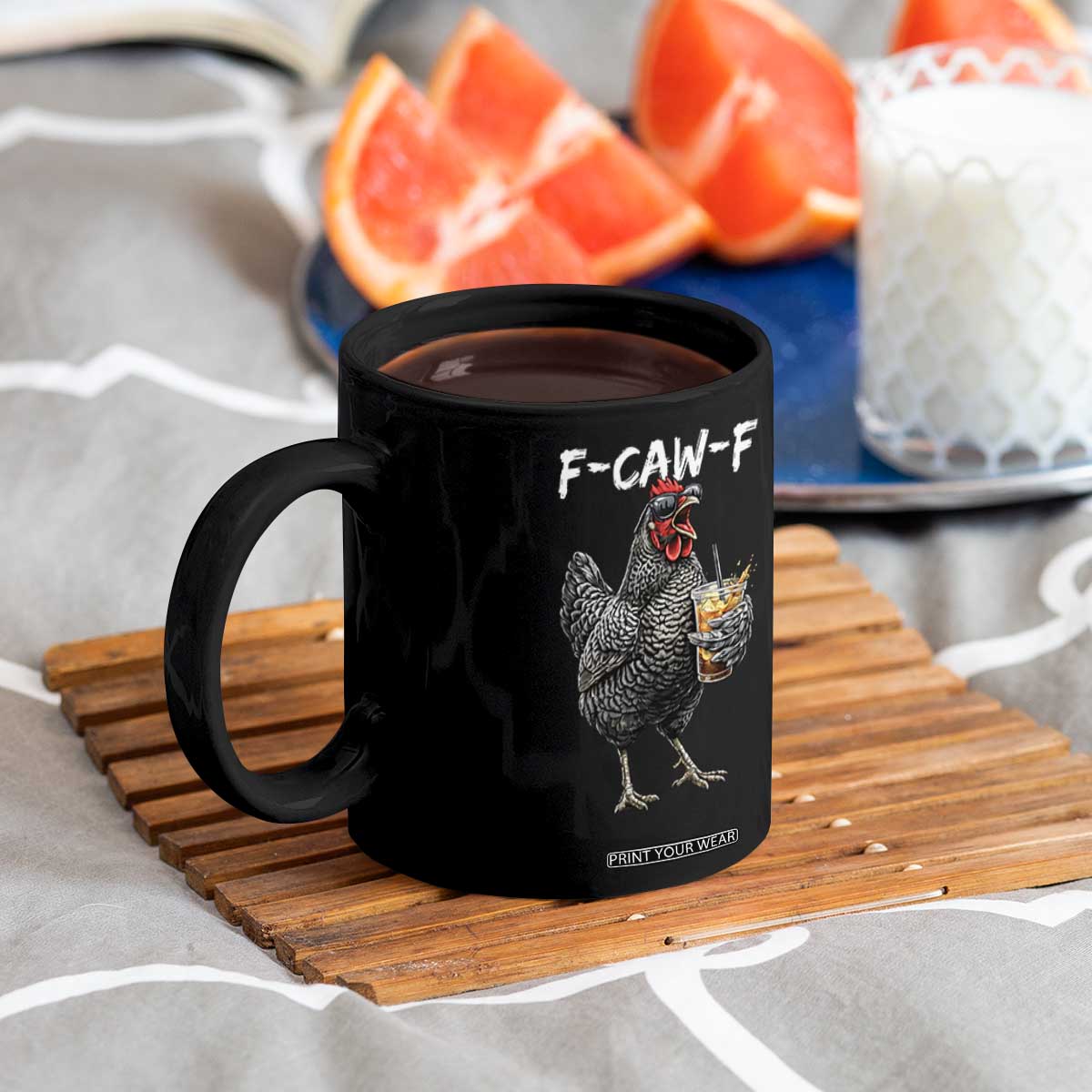 F-CAW-F Sarcastic Chicken Drinking Coffee Coffee Mug Funny Morning Mood Grumpy Hen Iced Coffee Lover TS02 Print Your Wear