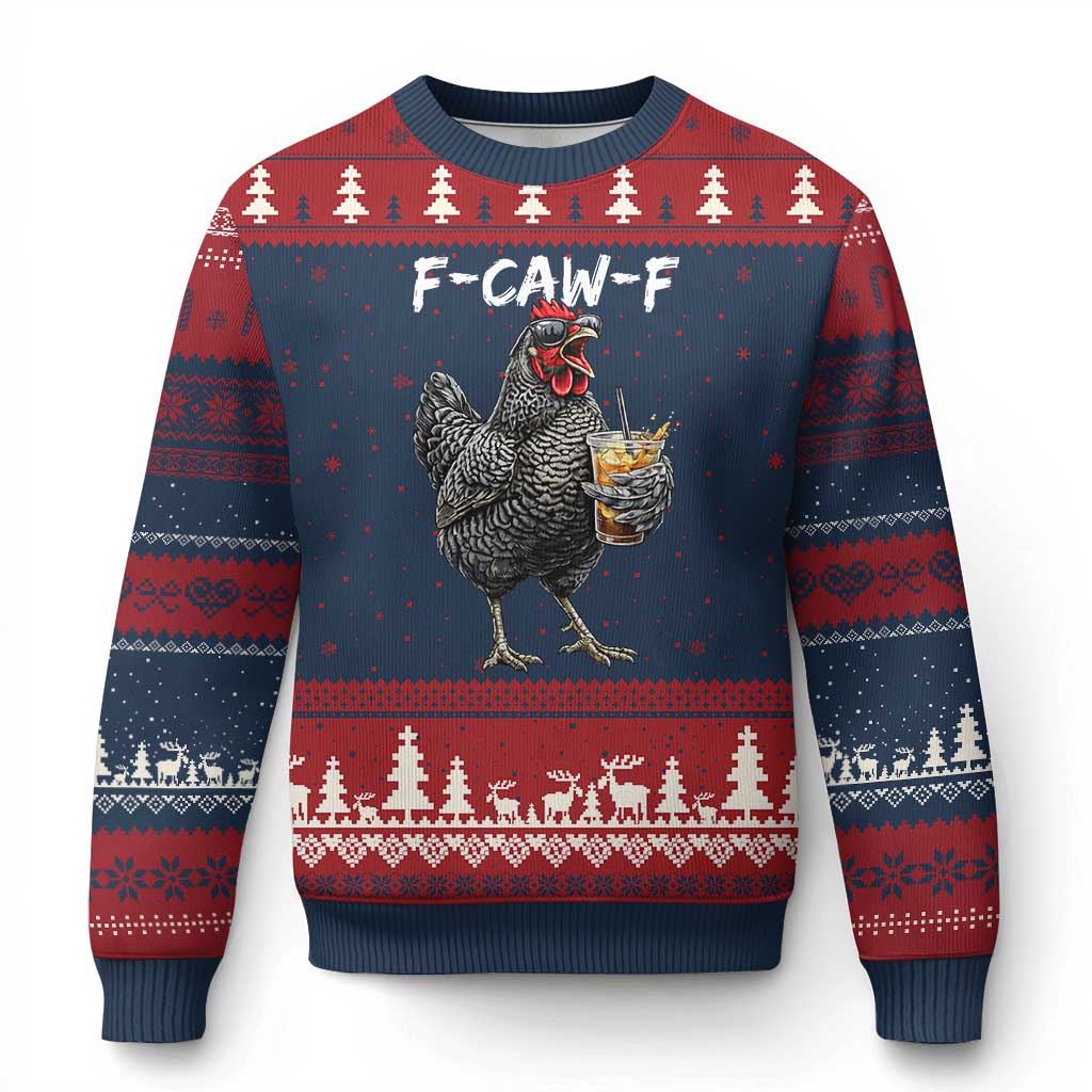 F-CAW-F Sarcastic Chicken Drinking Coffee Ugly Christmas Sweater Funny Morning Mood Grumpy Hen Iced Coffee Lover TS02 Navy Red Print Your Wear